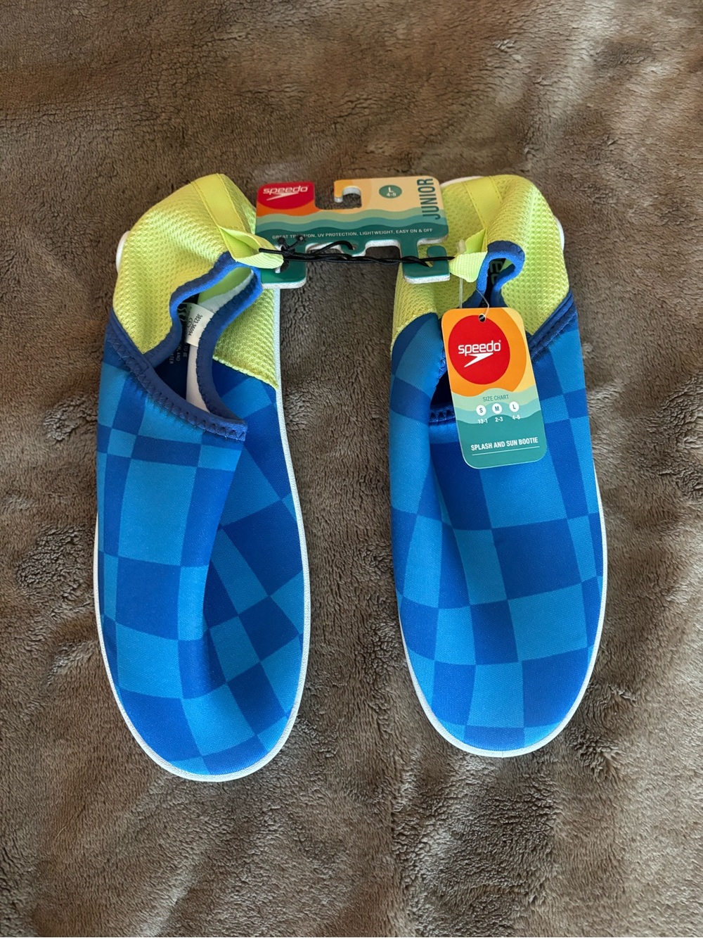 NWT Speedo Blue Check Plaid Water Shoes with Yellow Contrast